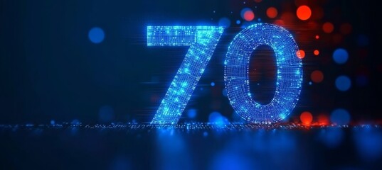 Wall Mural - Futuristic Seventy Celebration with High-Tech Number Display and Illuminated Anniversary Backdrop