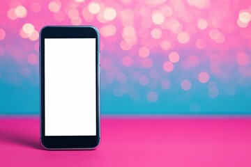 Smartphone showing a blank white screen, standing on a pink surface with creative bokeh lights in contrasting colors