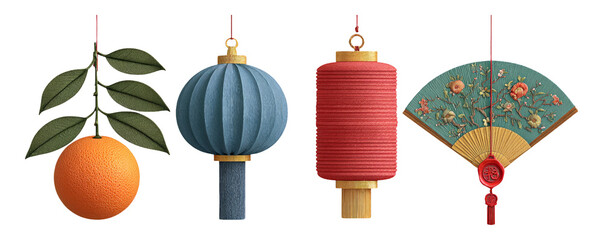 Wall Mural - Colorful Decorative Objects: Lanterns, Oranges, and Fan Isolated on Transparent Background