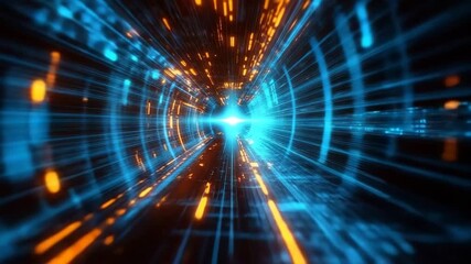 Wall Mural - Abstract Digital Tunnel of Light with Blue and Orange Motion Effects in a Futuristic Technology Concept Design