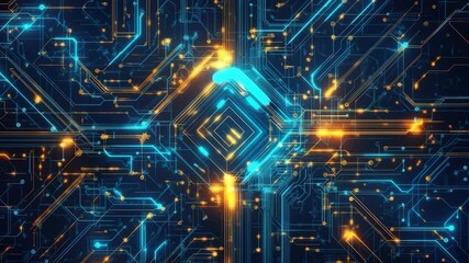 Wall Mural - Abstract Technology Background with Glowing Lines and Circuit Patterns in Blue and Orange Colors for Digital Design and Innovation Themes