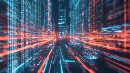 Wall Mural - Futuristic digital landscape with vibrant neon lights creating a dynamic motion illusion of speed and technology in a city environment