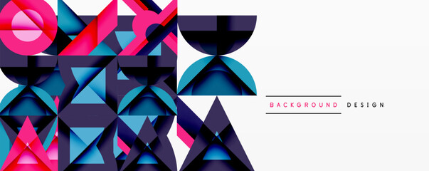 Wall Mural - Abstract geometric shapes, vibrant colors, modern design. Pink, blue, purple tones create dynamic composition. Minimalist text present.