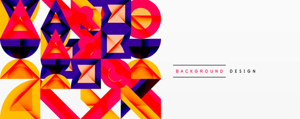 Wall Mural - Abstract geometric shapes overlap, creating vibrant colorful banner. White space provides contrast, modern design element.