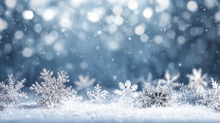 Christmas snowflakes on glittering snow, blue bokeh background, winter holiday scene, copy space.