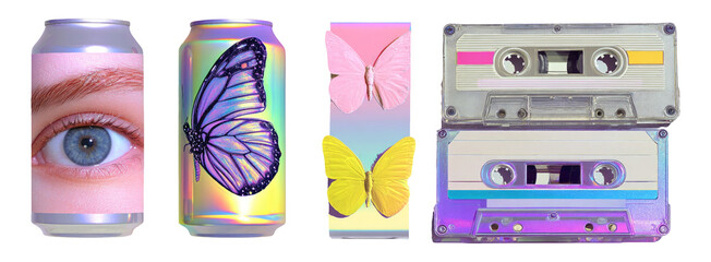 Wall Mural - Colorful Collection of Can, Butterflies, and Retro Cassette Design