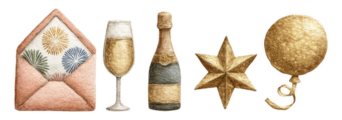Wall Mural - Festive Elements with Colorful Envelope, Champagne, Star, and Balloon Motif