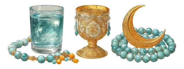 Wall Mural - Elegant Glass, Goblet, and Jewelry with Calm Blue Color Theme on Transparent Background