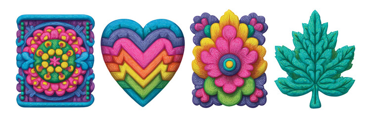 Wall Mural - Colorful Decorative Shapes with Floral and Heart Patterns on Transparent Background