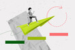 © deagreez - 3d full poster banner pop collage of happy businesswoman run paper plane arrow development aim achievement target progress