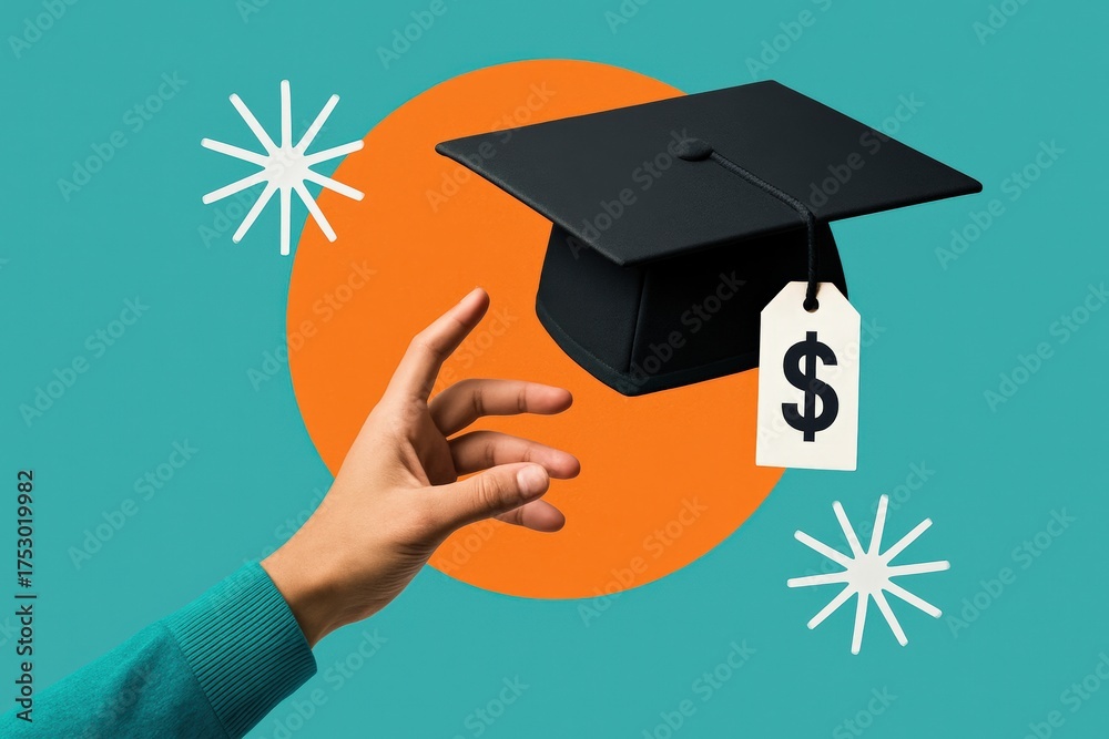 Graduation Cost Hand reaches for a graduation cap with a dollar price tag, highlighting ...