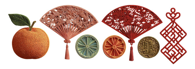 Wall Mural - Decorative Chinese Elements with Fans, Coins, and Orange Fruit on Transparent Background