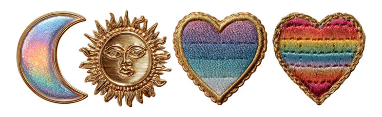 Wall Mural - Colorful Moon Sun Heart Rainbow Fabric Patches Isolated on Transparent Background