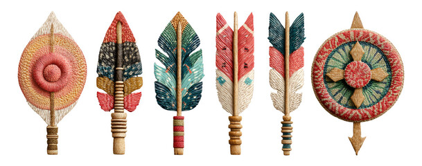 Wall Mural - Colorful Decorative Arrows and Shield with Unique Patterns on Transparent Background