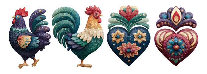 Wall Mural - Colorful Decorative Roosters and Floral Hearts on Transparent Background