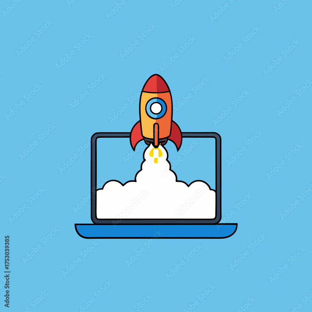Cartoon Rocket Taking Off From a Laptop Screen Stock Vector | Adobe Stock