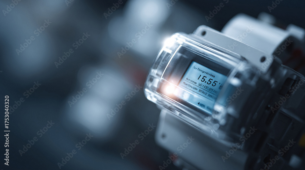 Closeup on an electronic utility meter displaying data on a digital ...