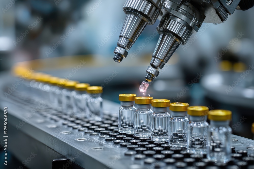 Robotic arm dispensing liquid into glass vials in a manufacturing ...
