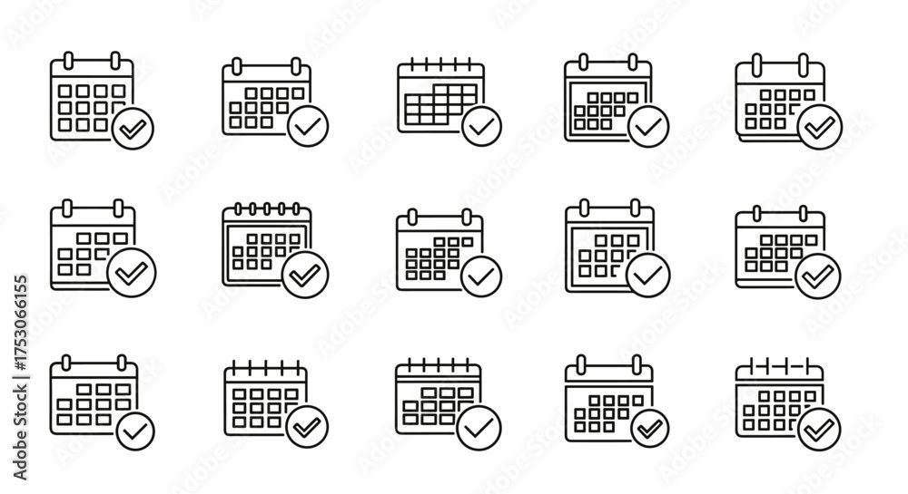 Calendar check mark line icon set. Event schedule, appointment, and ...