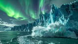 Breathtaking aurora borealis dances above majestic glaciers, icy landscapes and crashing waves, evoking a sense of wonder and adventure in the arctic wilderness, perfect for travel marketing