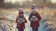 © syhin_stas - two kids walking with hot cocoa mugs in Christmas hats, snowy field around, playful but calm winter moment, copy spac?