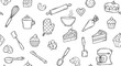 © Aurem - Seamless pattern baking elements. Hand drawn kitchen background. Doodle dessert food icons: cake, cupcake, pastry, mixer, whisk, rolling pin. Black and white vector art.