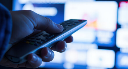 Hand holding remote control while browsing digital streaming channels on a television screen in a dark cozy room at night