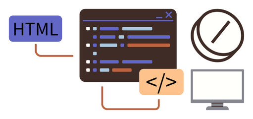 Coding interface with lines of code, HTML label, development tag, desktop screen, and debugging icon. Ideal for coding, programming, development web design debugging software technology. Simple