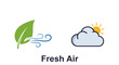 © Jensen - Clean air and nature concept icons. Green leaf with wind for fresh breath and ecology. Sun and cloud weather symbol. Vector illustration for healthy environment and outdoors.