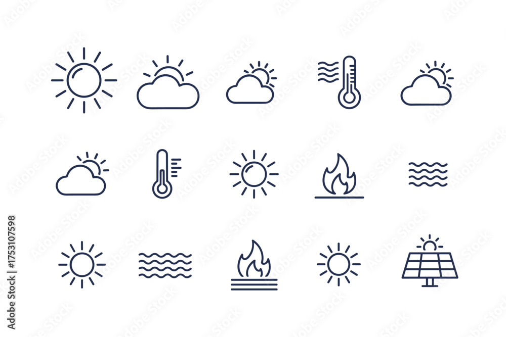 Set of minimalistic weather and solar energy vector icons including sun ...
