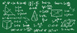 © Nataliya Pokrovska - Hand drawn math formulas and geometric diagrams on green chalkboard. Vector sketch illustration in vintage crayon charcoal style. Back to school, mathematics study, university