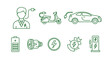 © Kristine - Electric vehicle technology icons set including man with plug, electric scooter, electric car charging, battery, power socket, energy symbol, renewable energy, and charging station symbols