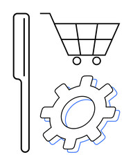Wall Mural - Gear, magnifying glass, and shopping cart objects symbolize search, customization, e-commerce, system optimization, teamwork, online business strategies and automation. Ideal for technology