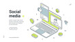 © provectors - Social media digital network communication isometric web banner design template vector illustration. Internet messaging cyberspace community online blog vlog auditorium interaction technology