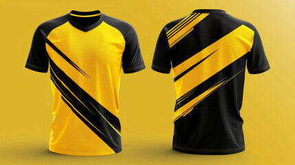 Wall Mural - A bright T-shirt with a dynamic black and yellow design on a yellow background, suitable for advertising sportswear and catalogs of fashionable youth clothing.