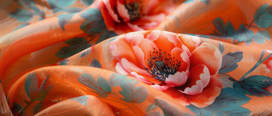Wall Mural - Bright fabric with large flowers and green leaves on an orange background, ideal for interior design, fashion collections, and textile catalogs.