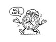 © Art Fusion - doodle illustration of clock pretending it not late clean black and white line art with slightly hand drawn strokes gentle motion lines and ironic funny details simple and lively style on