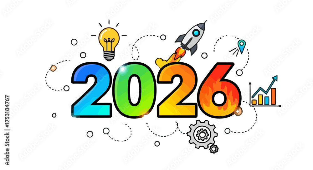 The year 2026 depicted with rocket launching, lightbulb, gears, and ...