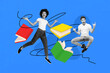 © deagreez - Creative poster banner 3d collage photo of two happy girl guy student classmates jump book literature subject test showing rock roll