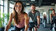 © Leonardo - Mujer y hombre alegres montando bicicletas estáticas en un gimnasio luminoso, sonriendo y concentrados en el fitness y un estilo de vida saludable