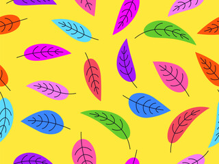 Wall Mural - Seamless pattern with leaves in a bright color palette. Autumn background with leaves in a simple style. Autumn falling leaves for print, banners, and wrapping paper. Vector illustration