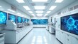 © Pete - Modern bright laboratory interior. Clean white lab with tech equipment screens. Research science development engineering room. Concept for pharma biotech innovative solutions, technologies. Mockup