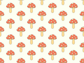 Wall Mural - Mushrooms seamless pattern. Mushrooms on a stem. Amanita mushroom with dots on the cap. Background with fly agarics or wallpapers, covers, wrappers and banners. Vector illustration