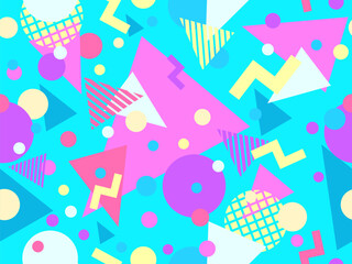 Wall Mural - Geometric seamless pattern in 80s style. Colorful pattern with different geometric shapes. Design for packaging, covers, wrapping and promotional products. Vector illustration