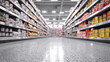 © The Origin 33 - Low angle perspective of blurred supermarket aisle with clean floor and fully stocked shelves. Empty retail grocery store background creates an abstract, modern feel