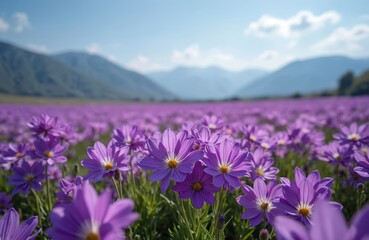 Wall Mural - Purple flowers bloom extensively in a wide field with green grass. Mountains stand on the horizon under a clear blue sky with some clouds. Sunlight shines on the vibrant petals and leaves.