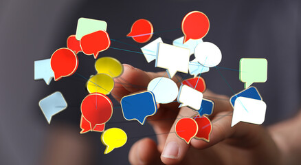 Concept showing a communication network with colorful speech bubbles. Ideal for illustrating social media, messaging, and global connection.