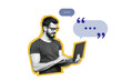 © deagreez - Composite photo collage of smile man hold macbook device correspondence concept email messenger app sms isolated on painted background