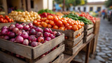 Traditional Mexican plaza with crates of peppers, onions, and tomatoes, economic prosperity in local trade, market vitality through fresh produce, agricultural abundance in cultura