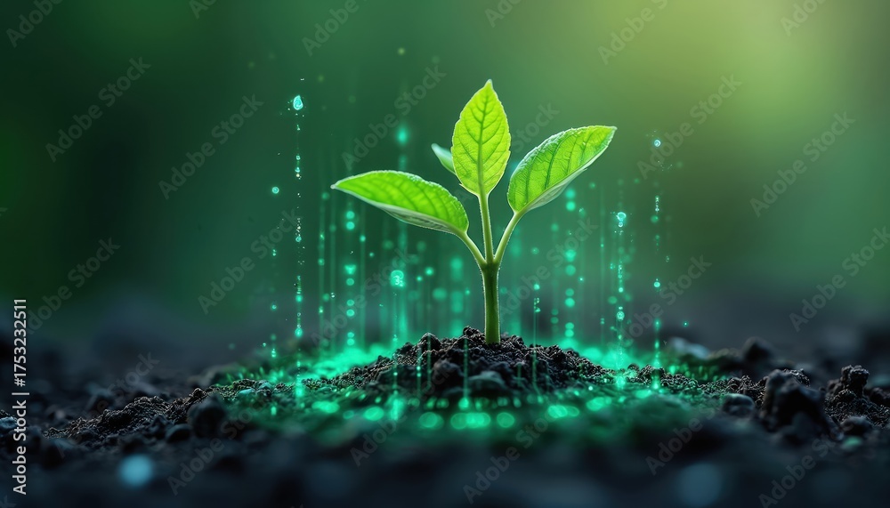Green plant sprouts from soil with glowing digital particles. New life ...